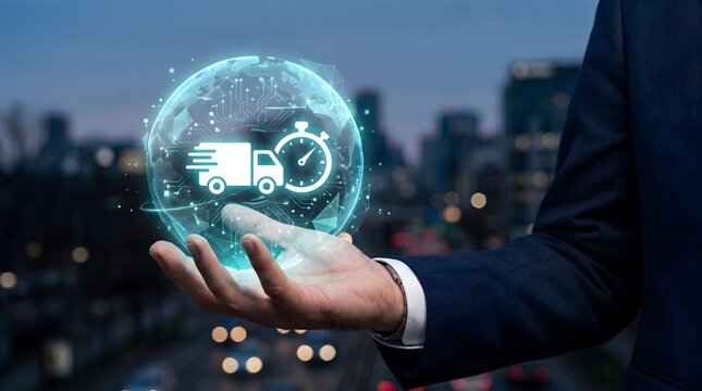 Businessman holding digital hologram of delivery truck and stopwatch over blurred city for global logistics and express shipping services concept