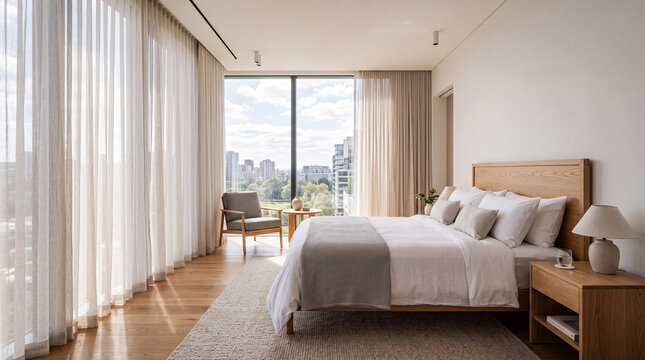 Modern apartment bedroom with large window overlooking city skyline and park