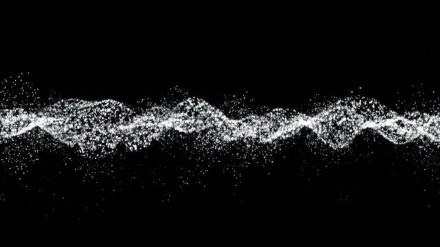 White particles flowing in a wave motion against a black background