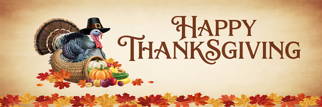 Festive thanksgiving greeting banner with a turkey in a pilgrim hat, a cornucopia of harvest vegetables, and a border of colorful fall leaves