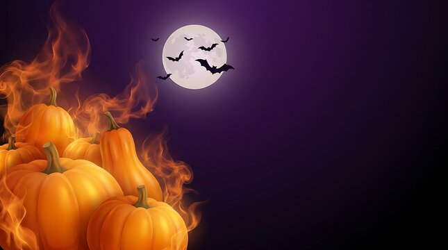 Glowing orange pumpkins engulfed in intense magical flames under a full moon with silhouettes of flying bats against a dark purple Halloween themed evening sky