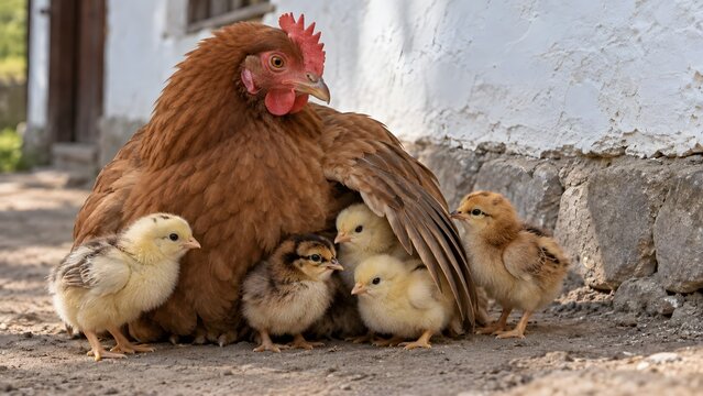 Mother Hen Sheltering Chicks in a Traditional Farmyard