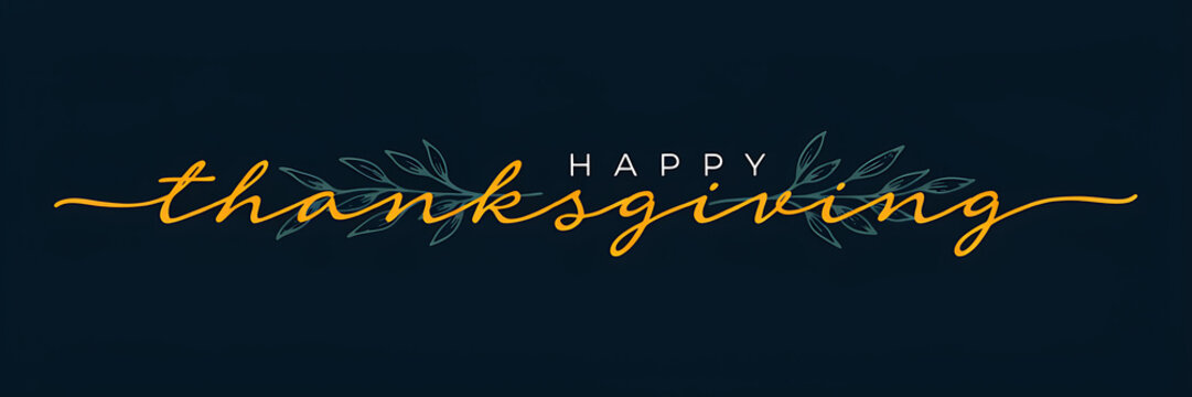 Happy thanksgiving calligraphy text with decorative hand drawn leaves on a dark navy blue background, for seasonal holiday, greeting card
