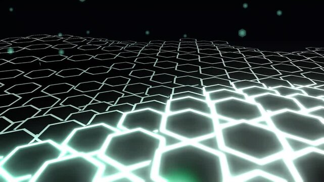 Futuristic glowing hexagon grid, digital neon honeycomb landscape. Abstract technology background with white light wireframe and floating particles.
