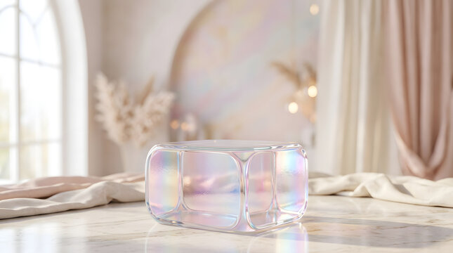 Glass cube podium on beige boho background for product display