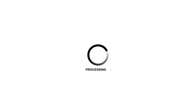 Minimalist loading spinner animation with processing text on white background, progress circle