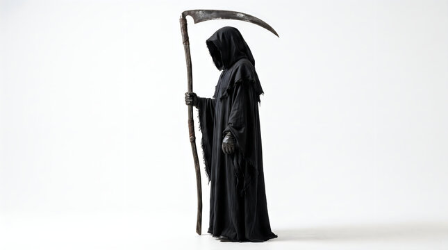 Grim reaper character wearing a black hooded robe holding a scythe with death character