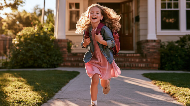 Young girl skipping happily toward the school entrance with a backpack, waist-up shot, first day of school authentic joyful moment, warm morning light, candid photography