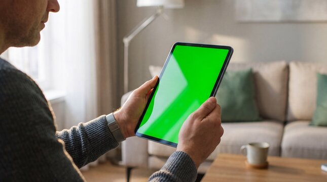 Close-up of man holding generic digital tablet with vertical green screen chroma key mockup in cozy modern living room with blurred sofa and coffee cup on wooden table in soft morning daylight