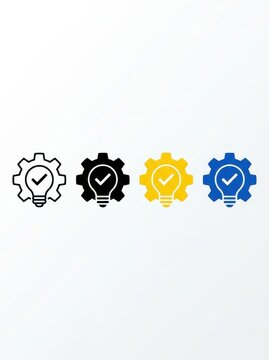 Set of Innovation and Efficiency Icons Featuring Lightbulb with Checkmark Inside a Gear Cogwheel