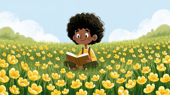 Growth through continuous learning as a happy boy reads a book in a sunny yellow flower meadow