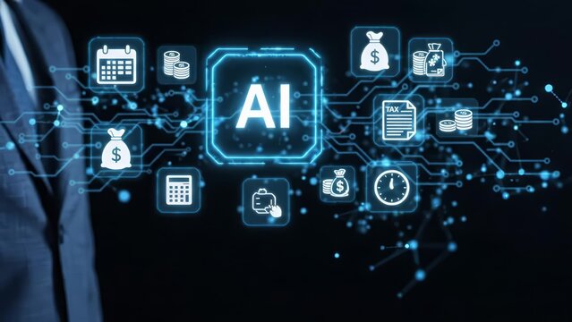 Advanced financial management using artificial intelligence with symbolic icons for money, taxes, time, and data.