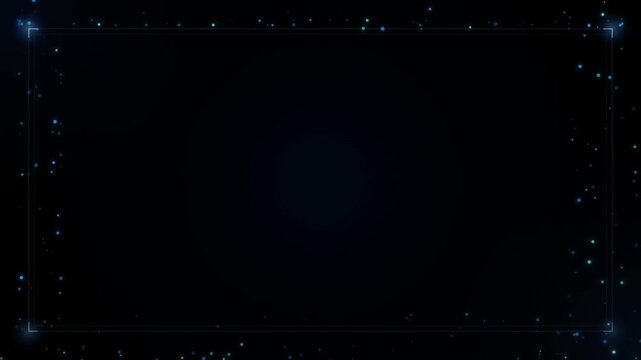 Abstract technology frame with blue glowing particles and digital light border elements