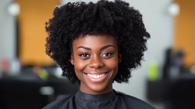 Portrait of a happy young African American woman with natural afro hairstyle smiling indoors