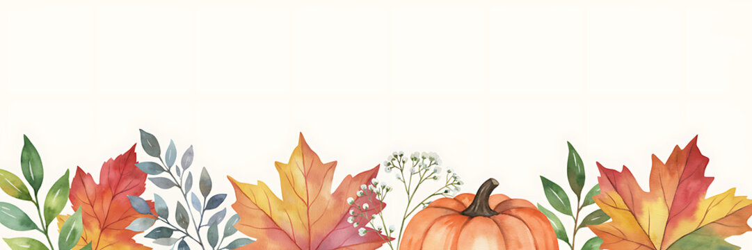 Watercolor autumn border with orange pumpkin, colorful maple leaves, and green foliage isolated on a white background, for seasonal greeting