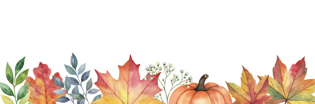 Watercolor autumn border with orange pumpkin, colorful maple leaves, and green foliage isolated on a white background, for seasonal greeting