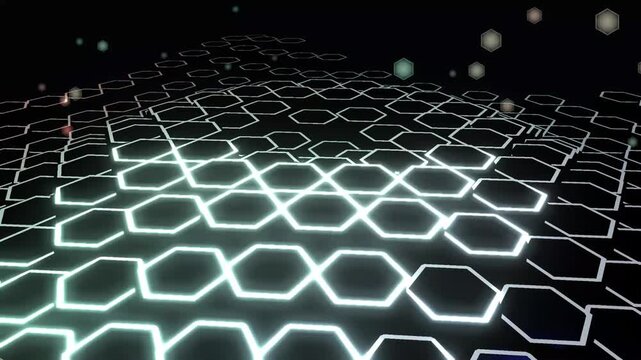 Futuristic glowing hexagon grid animation, digital neon geometric background, abstract white tech honeycomb pattern loop