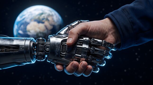 Robotic hand shaking hands with a human hand in outer space with earth planet background for artificial intelligence and future global partnership concept