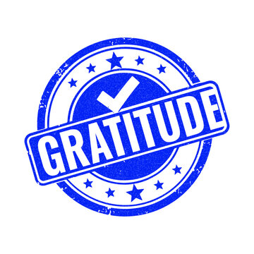 Blue rubber stamp icon with the word gratitude and a check mark symbol inside a round frame for business feedback and positive customer appreciation design