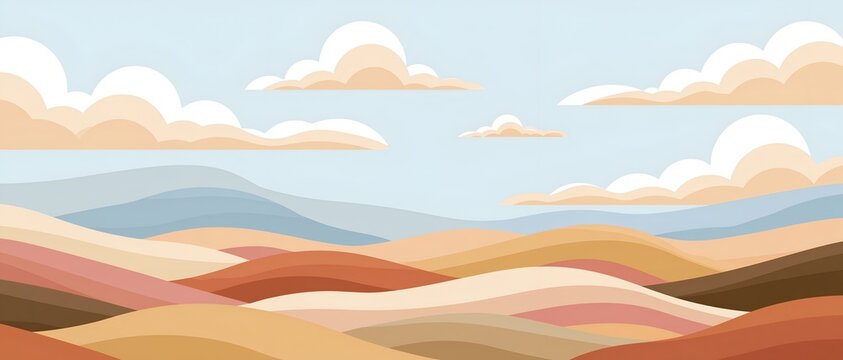 Stylized desert hills with layered colors and fluffy clouds
