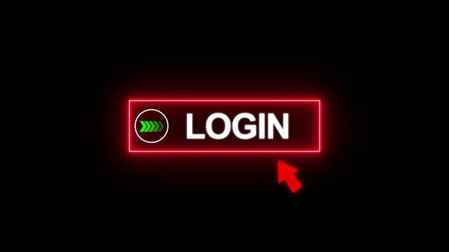 Neon Red Glowing Login Button with Mouse Cursor Click Animation 4K Loop on Black Background