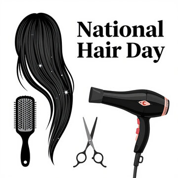 Hair care accessories including a blow dryer, scissors, and brush are arranged near a lock of black hair to celebrate National Hair Day.