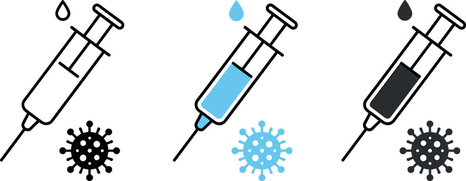 Set of vaccine and virus icons, injection symbols, medical graphics, and immunization vector illustration