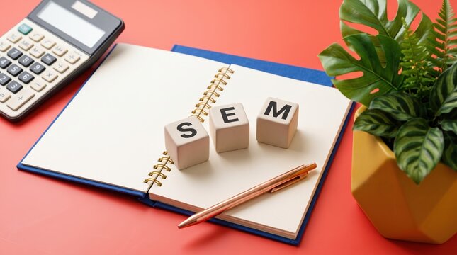 SEM marketing concept with notebook and calculator