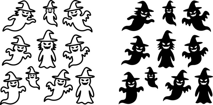Group of spooky ghost characters wearing witch hats for halloween season with halloween ghosts spooky spirits ghostly figures halloween colle