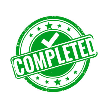 Green circular completed stamp icon with a check mark inside for business documents and status updates to show that a task is finished and done correctly