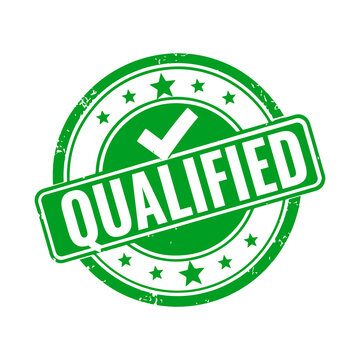 Green circular qualified rubber stamp icon with a check mark symbol for business approval and professional certification purposes on a simple flat design