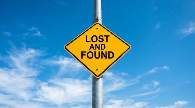Conceptual lost and found yellow sign standing against a clear blue sky background.