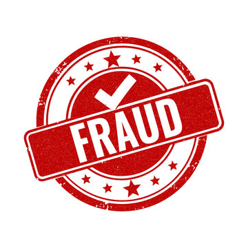 Red round fraud rubber stamp with a check mark icon to indicate a security warning or a suspicious activity alert for business and financial protection