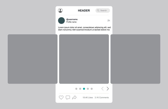 Social media carousel post interface template and multiple photo slider gallery mockup UI layout
