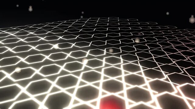 Futuristic glowing hexagon grid background, digital technology network floor with white neon light, abstract geometric data structure