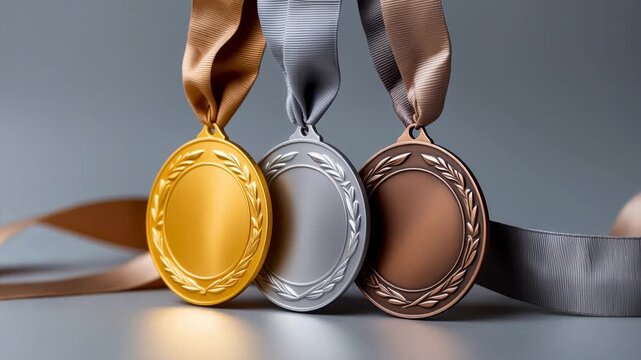 Sports gold, silver and bronze Olympic medals, victory in international competition AI Generative