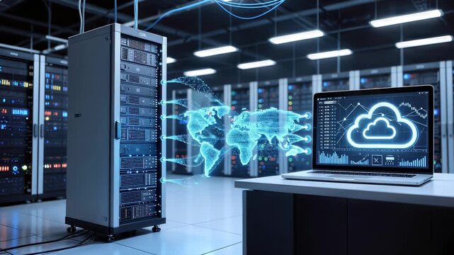 Cloud computing interface visualizing global data transfer from server rack to laptop. Digital world map animation in modern data center. Lockdown shot.