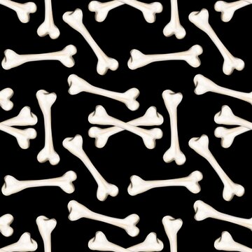 Hand painted white and cream bones arranged in a seamless repeating pattern on a solid black background.