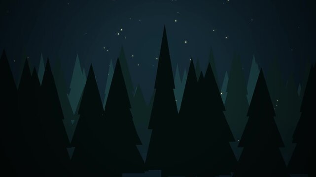 A serene and atmospheric animated forest background featuring multi-layered parallax trees, floating fireflies, and smooth rolling mist on a seamless loop.