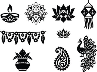 Fototapeta premium Elegant diwali decorations a collection of traditional indian motifs in striking silhouette