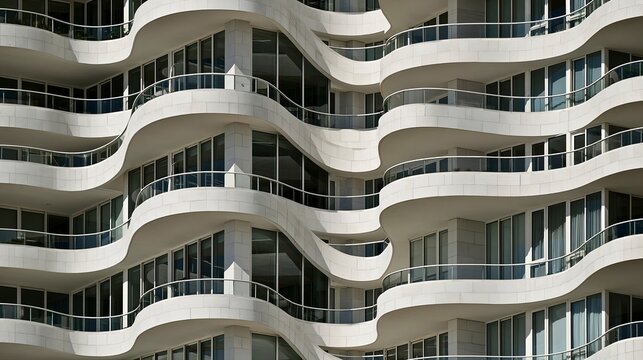 Modern apartment building exterior with curved balcony design and glass panels