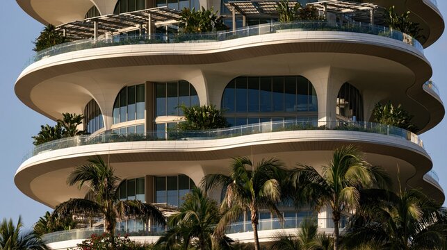 Modern curved architecture luxury residential building with green plants