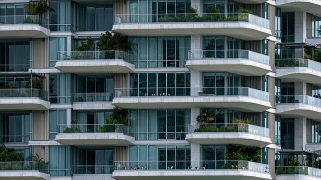 Modern apartment building with glass windows and curved balconies in city