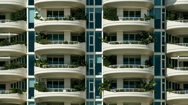 Modern apartment building with curved balconies and green plants in sunlight