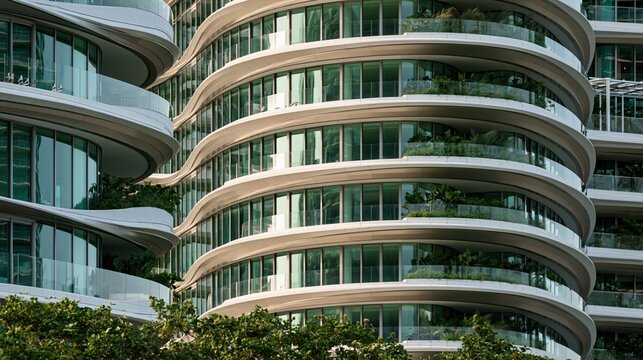 Modern architectural detail of curved building facade with glass and greenery