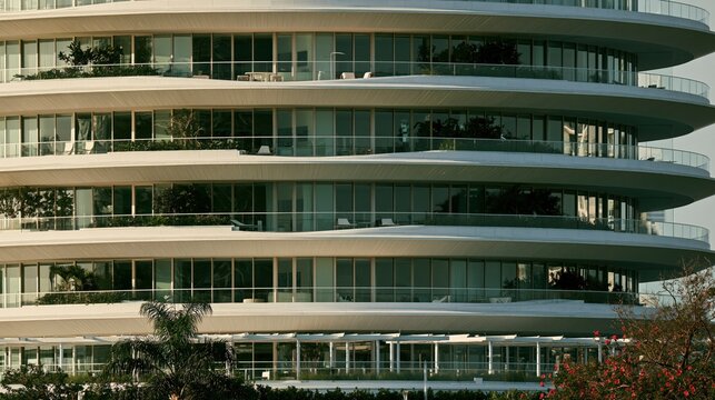 Modern curved glass windows and white horizontal architectural balcony design