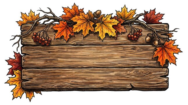 Rustic wooden sign decorated with vibrant autumn leaves and fall foliage with copy space