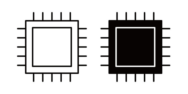 Chip icon in outline and solid style, isolated on white background. Ideal for technology, processor, electronics, and computing related features in mobile and web design.
