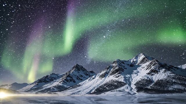 Vibrant green and purple auroras illuminate a starry night sky above a snow-covered mountain range.