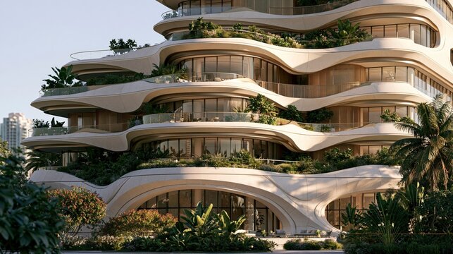 Modern organic architecture building with flowing curves and lush greenery